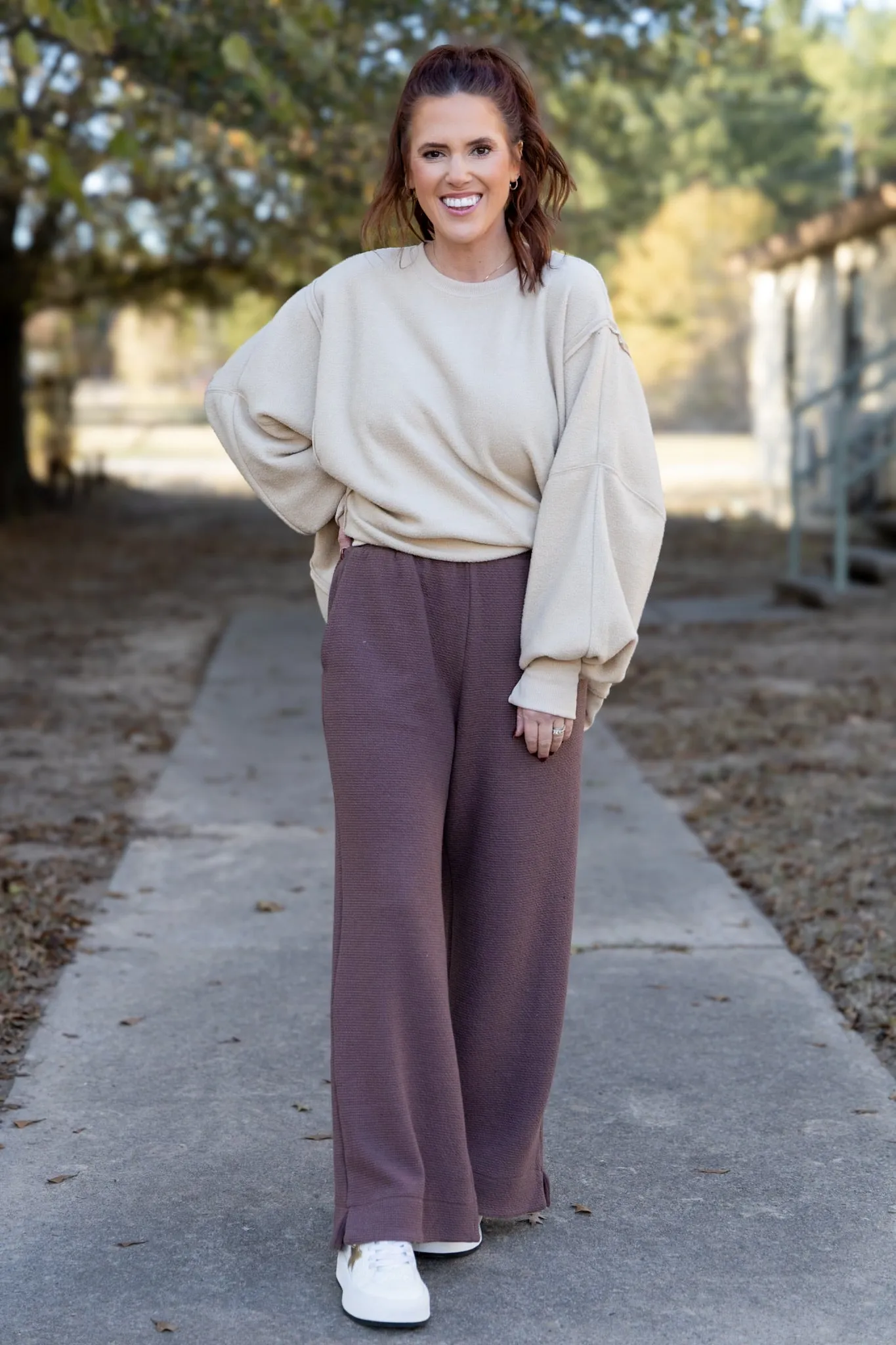 Tru Textured Knit Wide Leg Pants- Brown