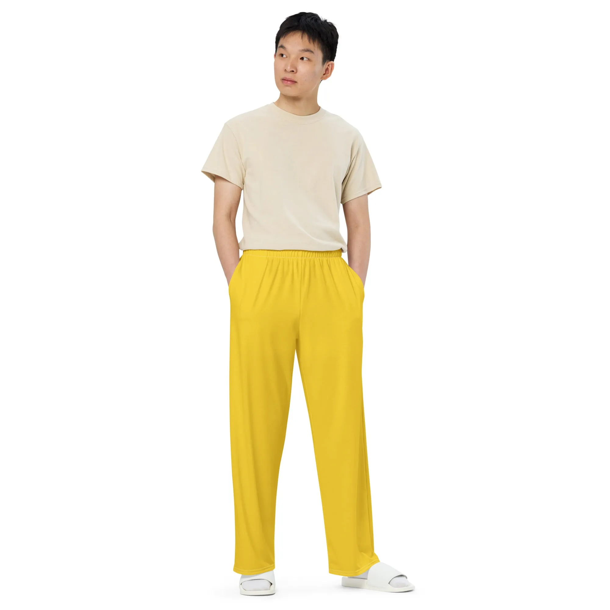 Warm Yellow Unisex Wide-leg Pants, Summer Pants, Yellow Casual Pants