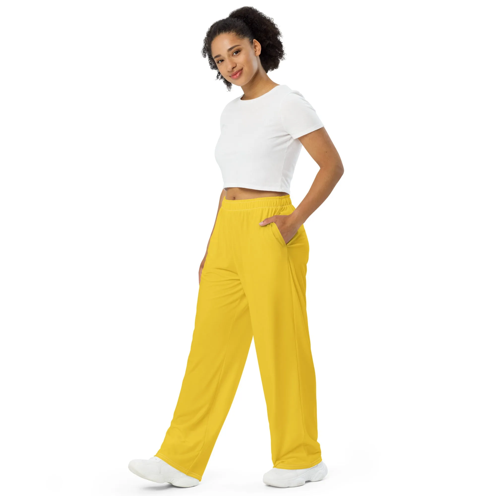 Warm Yellow Unisex Wide-leg Pants, Summer Pants, Yellow Casual Pants
