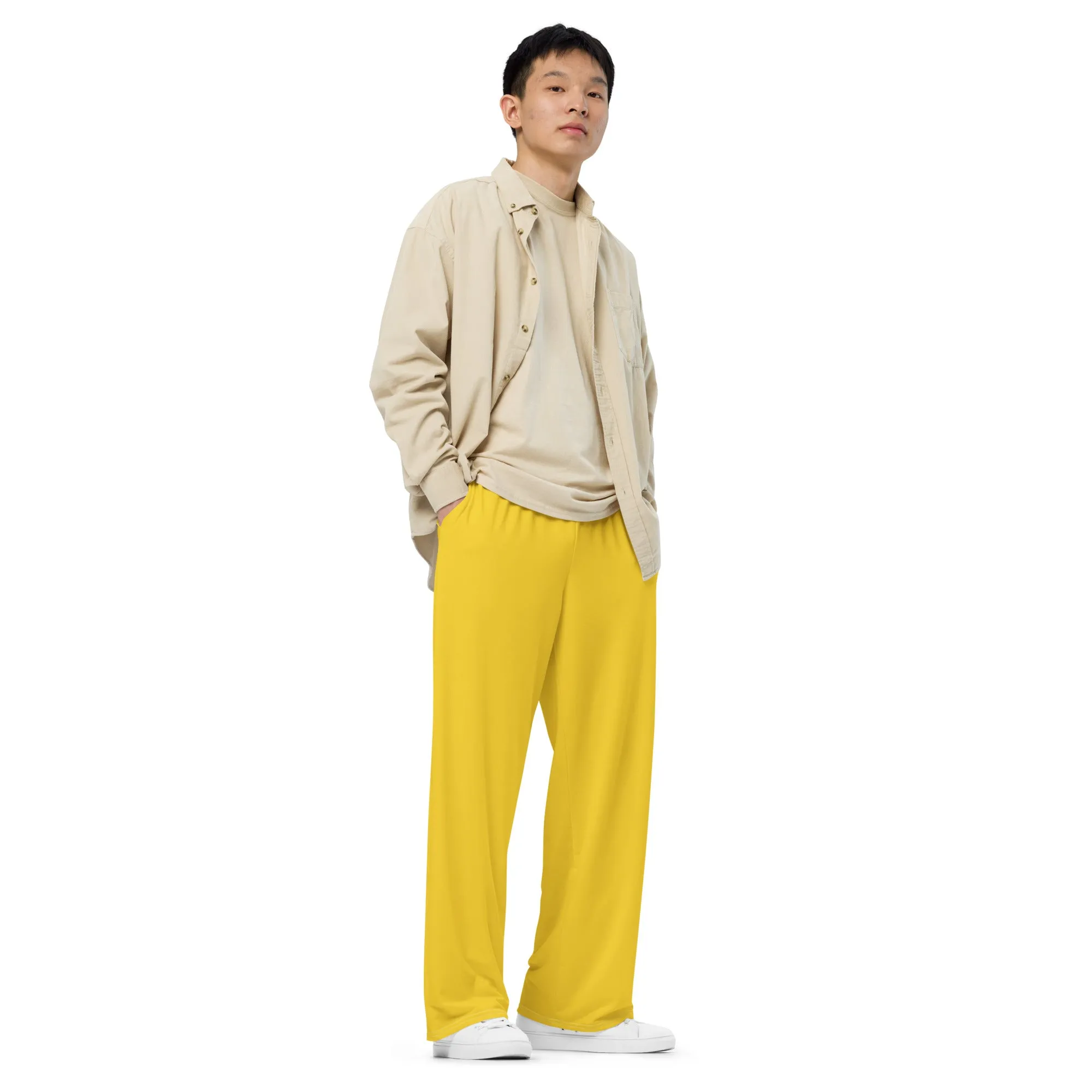 Warm Yellow Unisex Wide-leg Pants, Summer Pants, Yellow Casual Pants