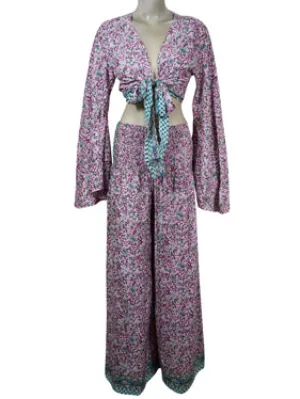 Wide Smocked waist pants Pant with Bell Sleeve Tie Top, Pink Printed 2 Piece Pant  Top Outfit S/M