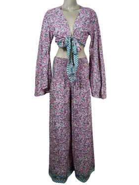 Wide Smocked waist pants Pant with Bell Sleeve Tie Top, Pink Printed 2 Piece Pant  Top Outfit S/M