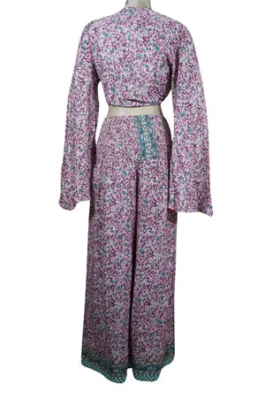 Wide Smocked waist pants Pant with Bell Sleeve Tie Top, Pink Printed 2 Piece Pant  Top Outfit S/M