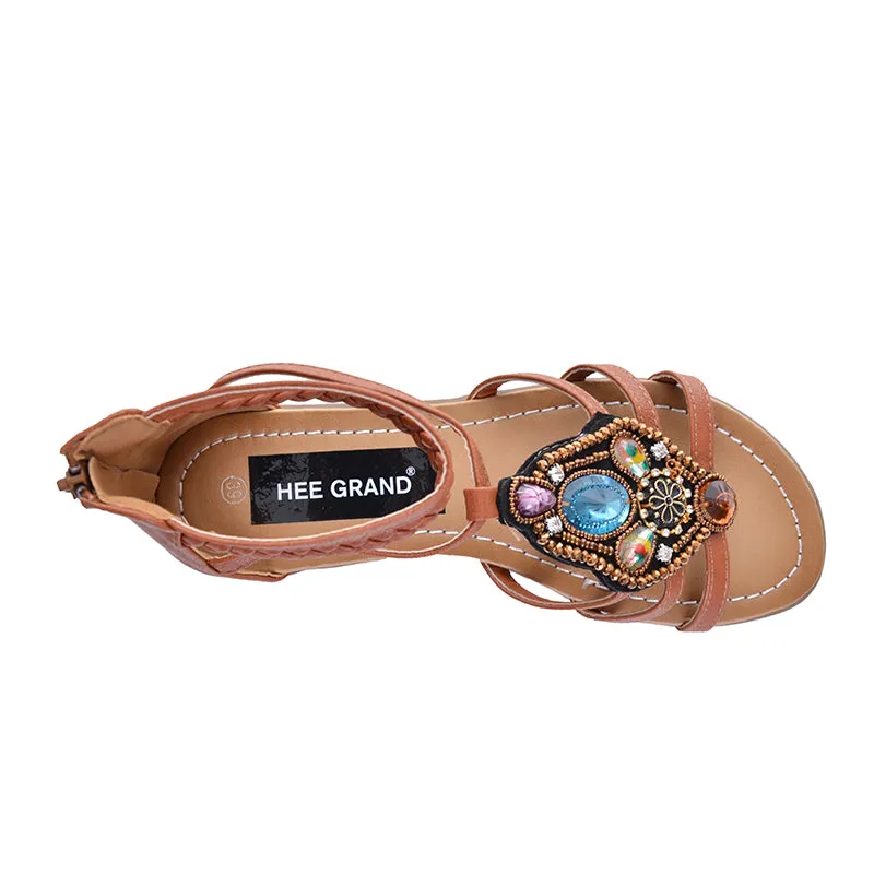 Women Flat Sandals Rhinestone String Bead Casual Flats