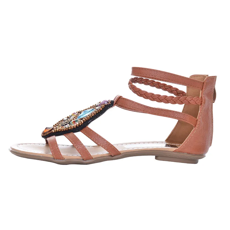 Women Flat Sandals Rhinestone String Bead Casual Flats