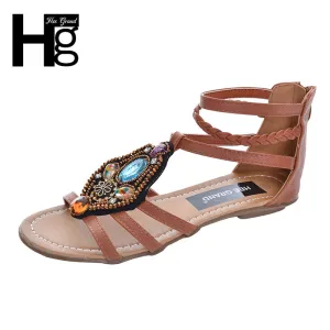 Women Flat Sandals Rhinestone String Bead Casual Flats
