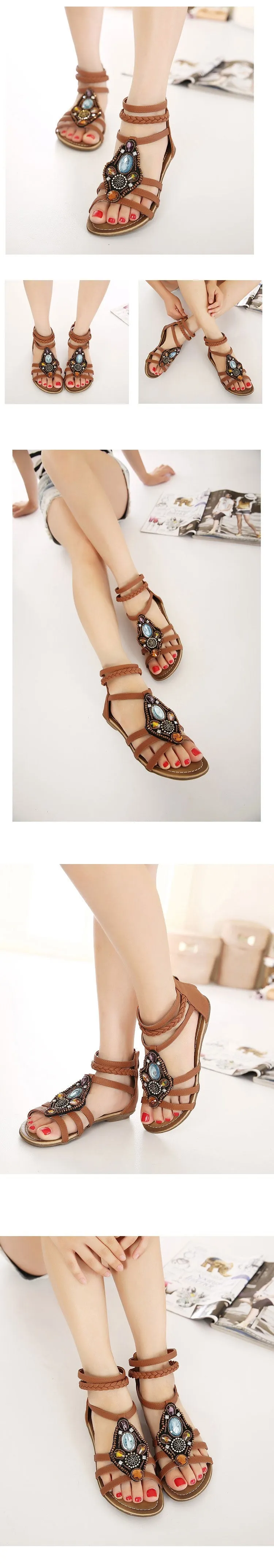 Women Flat Sandals Rhinestone String Bead Casual Flats