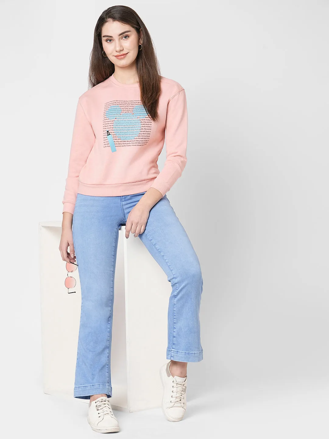 Women Slim Fit Blush Pink Printed Sweatshirt