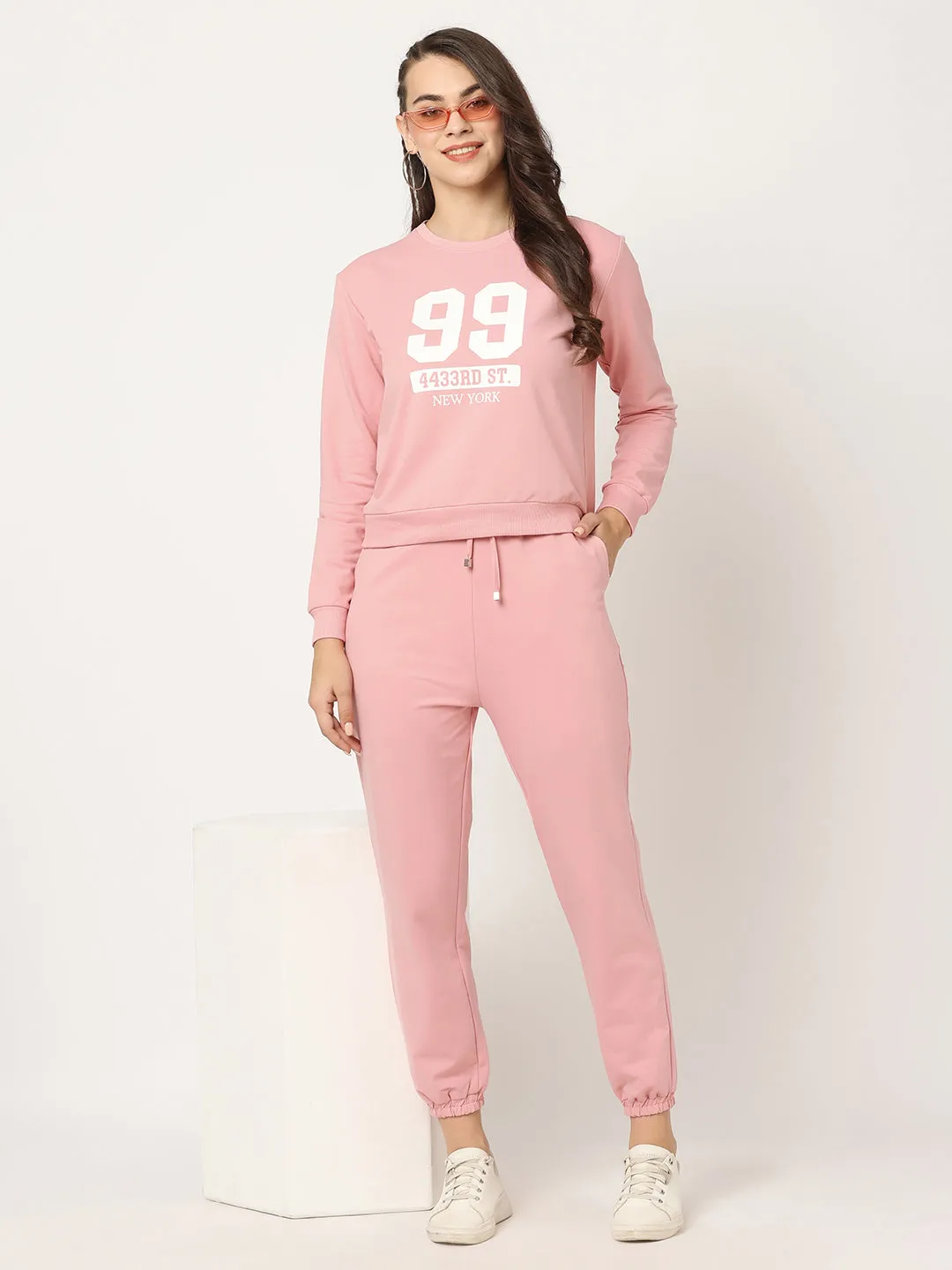 Women Slim Fit Blush Pink Printed Sweatshirt