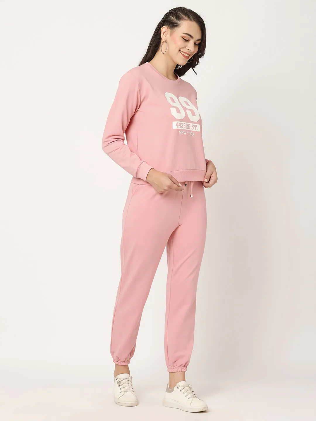 Women Slim Fit Blush Pink Printed Sweatshirt