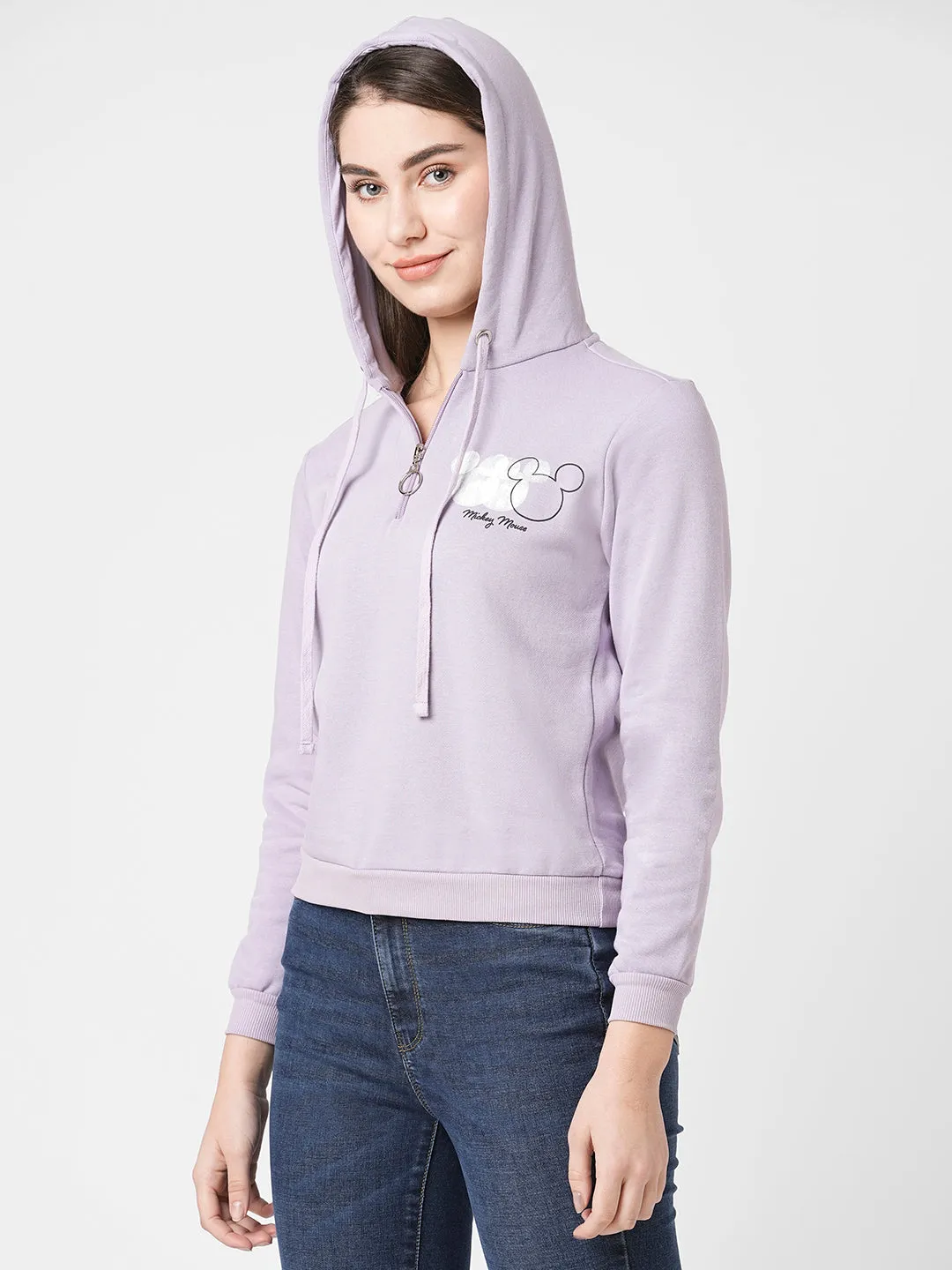 Women Slim Fit Lilac Printed Sweatshirt