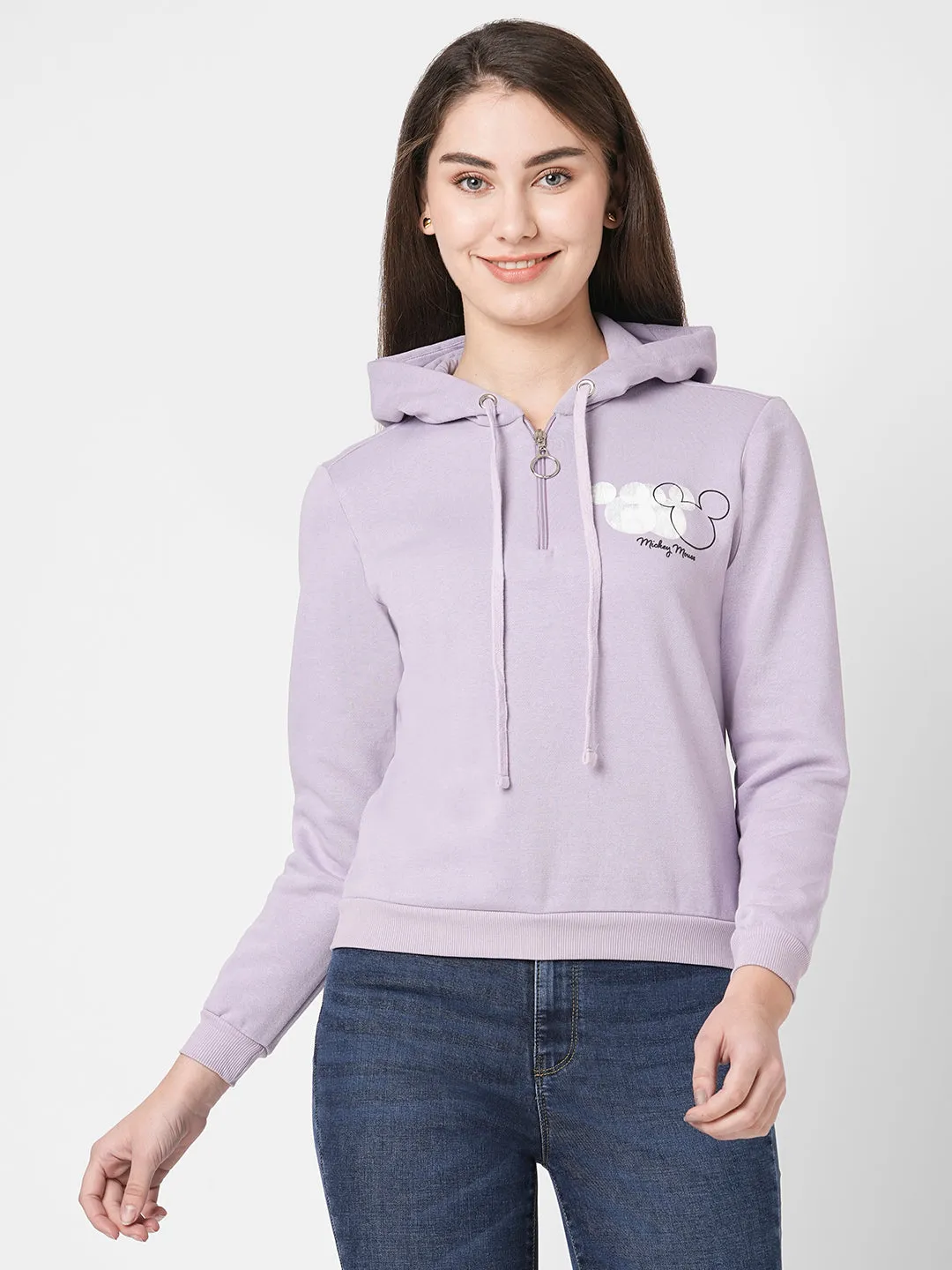 Women Slim Fit Lilac Printed Sweatshirt