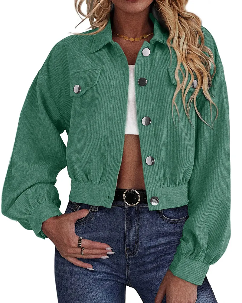 Women's Fashion Cropped Shacket Long SLeeve Trendy Button Down Corduroy Shirts Shacket Jackets - Zeagoo (Us Only)