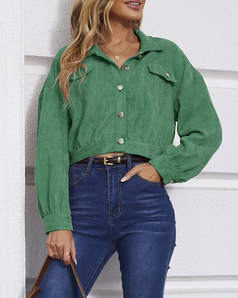 Women's Fashion Cropped Shacket Long SLeeve Trendy Button Down Corduroy Shirts Shacket Jackets - Zeagoo (Us Only)