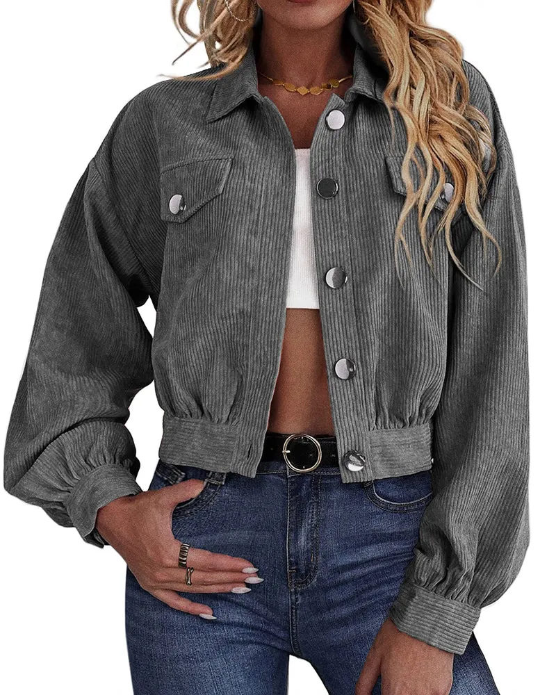Women's Fashion Cropped Shacket Long SLeeve Trendy Button Down Corduroy Shirts Shacket Jackets - Zeagoo (Us Only)