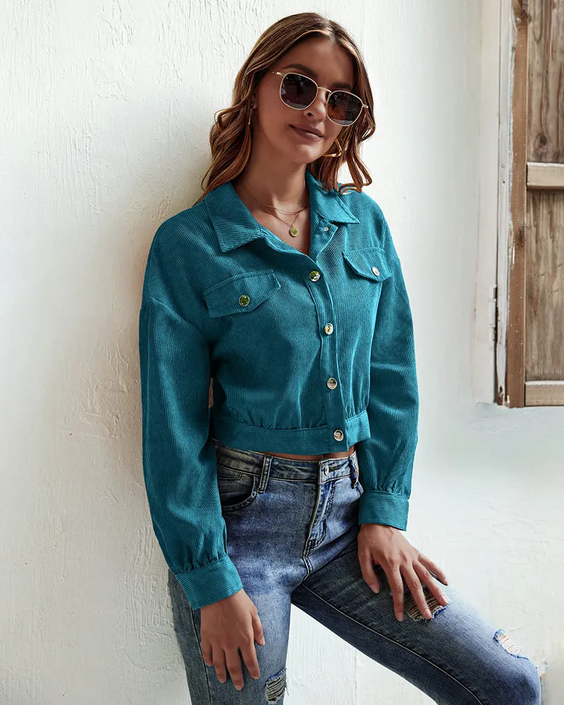 Women's Fashion Cropped Shacket Long SLeeve Trendy Button Down Corduroy Shirts Shacket Jackets - Zeagoo (Us Only)
