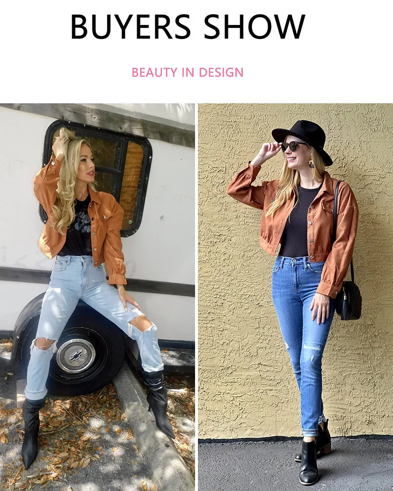 Women's Fashion Cropped Shacket Long SLeeve Trendy Button Down Corduroy Shirts Shacket Jackets - Zeagoo (Us Only)