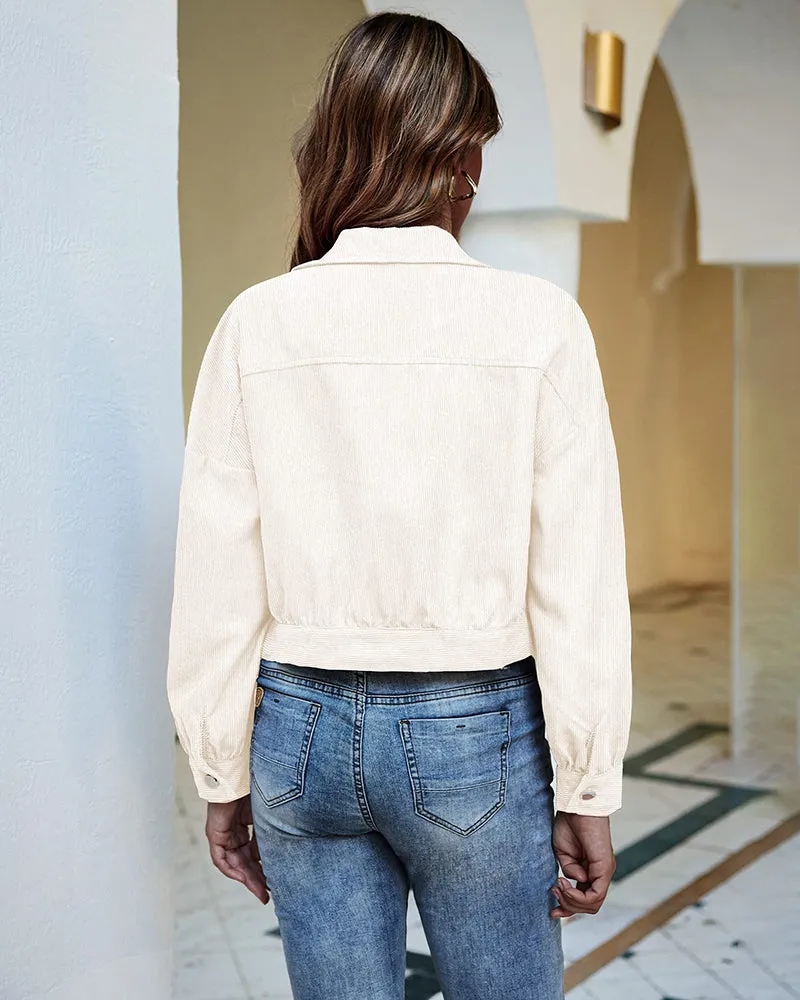 Women's Fashion Cropped Shacket Long SLeeve Trendy Button Down Corduroy Shirts Shacket Jackets - Zeagoo (Us Only)