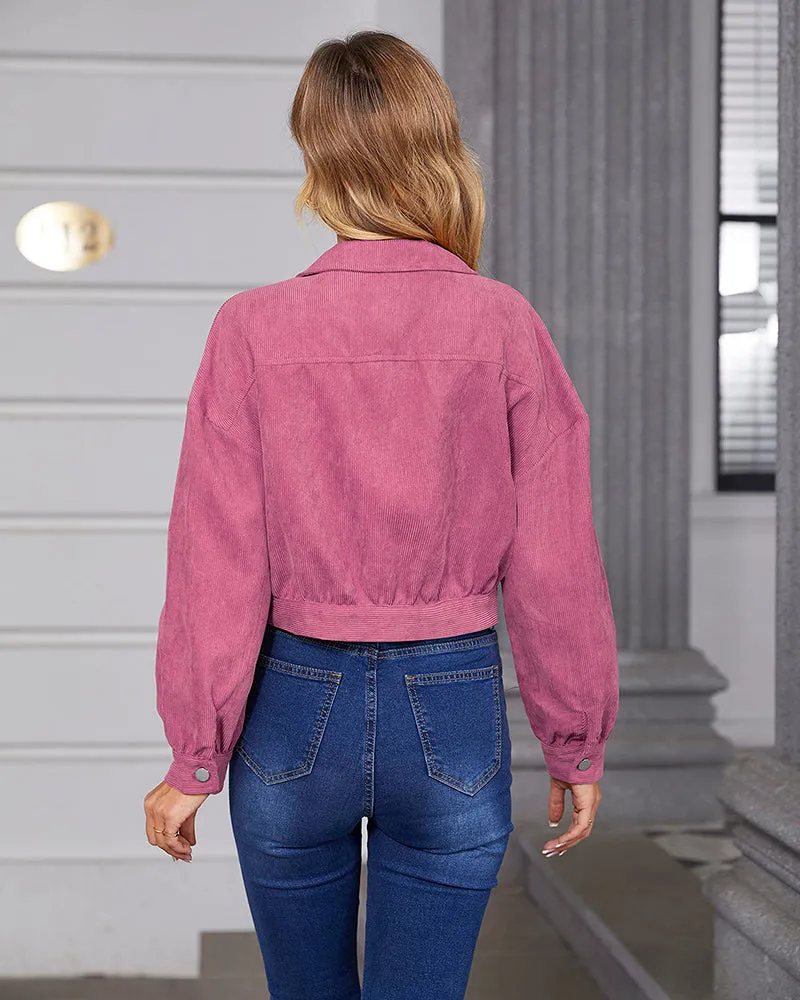 Women's Fashion Cropped Shacket Long SLeeve Trendy Button Down Corduroy Shirts Shacket Jackets - Zeagoo (Us Only)