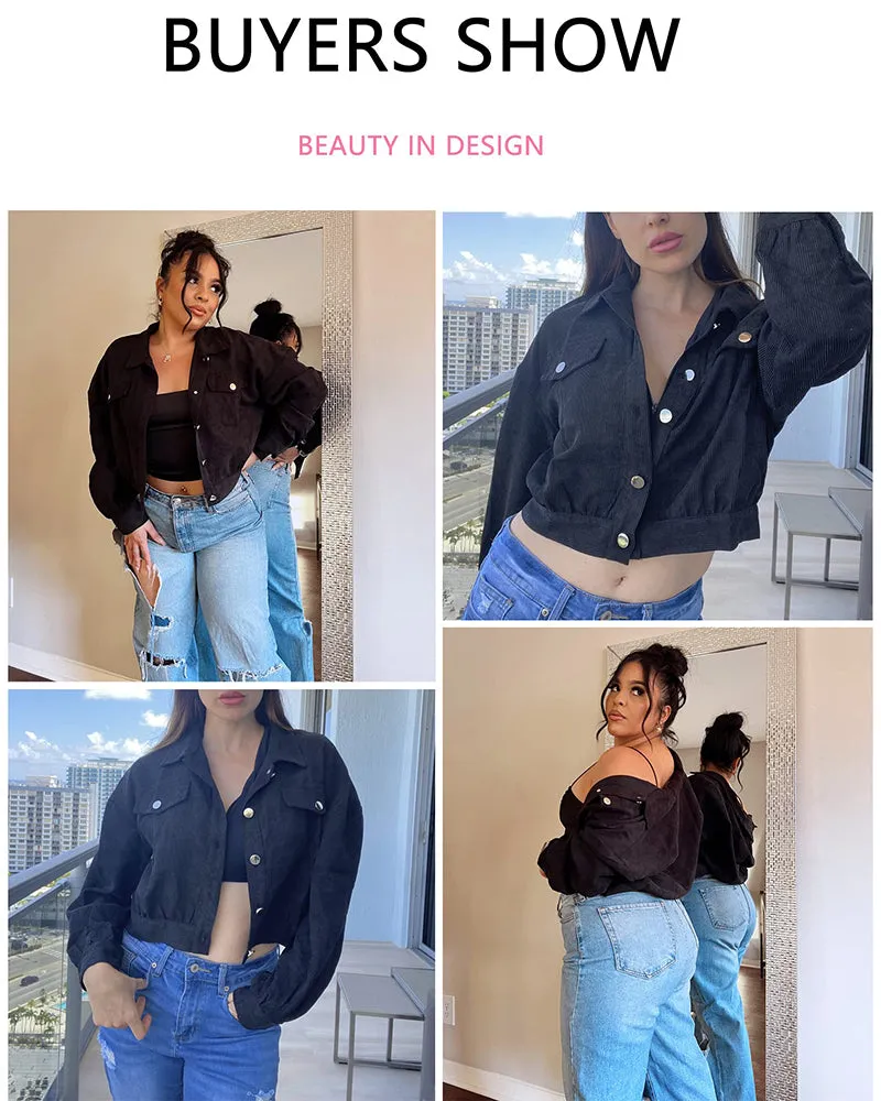 Women's Fashion Cropped Shacket Long SLeeve Trendy Button Down Corduroy Shirts Shacket Jackets - Zeagoo (Us Only)