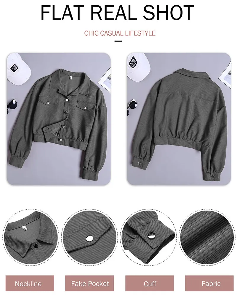 Women's Fashion Cropped Shacket Long SLeeve Trendy Button Down Corduroy Shirts Shacket Jackets - Zeagoo (Us Only)