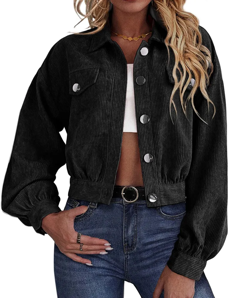 Women's Fashion Cropped Shacket Long SLeeve Trendy Button Down Corduroy Shirts Shacket Jackets - Zeagoo (Us Only)