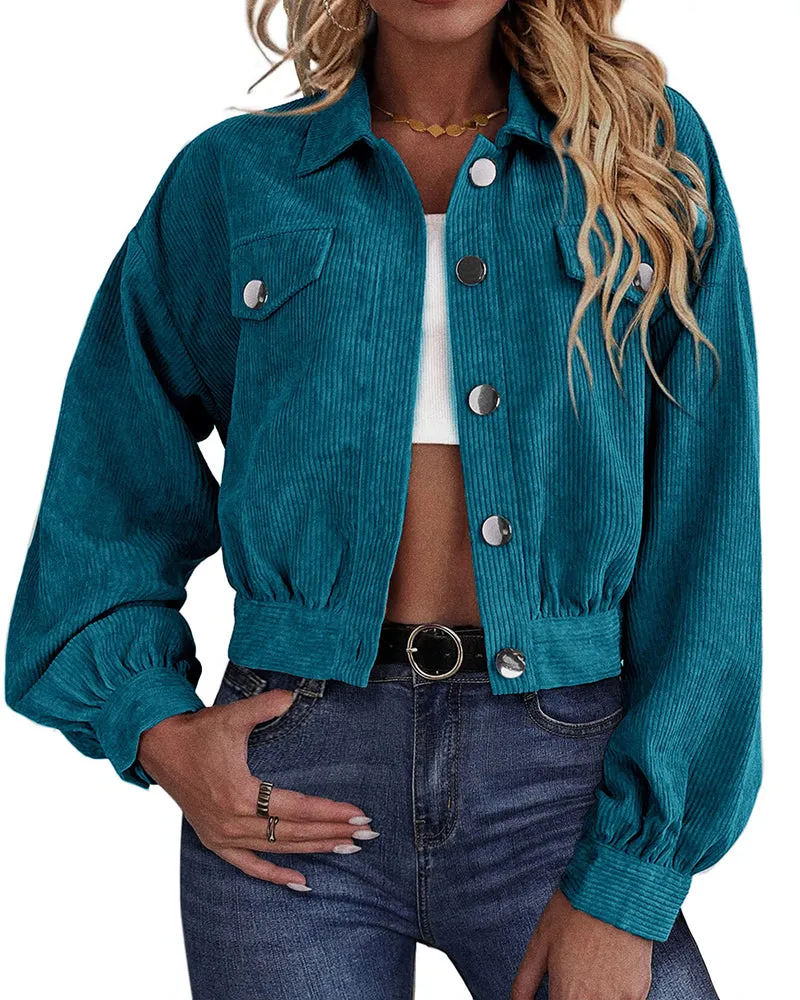 Women's Fashion Cropped Shacket Long SLeeve Trendy Button Down Corduroy Shirts Shacket Jackets - Zeagoo (Us Only)