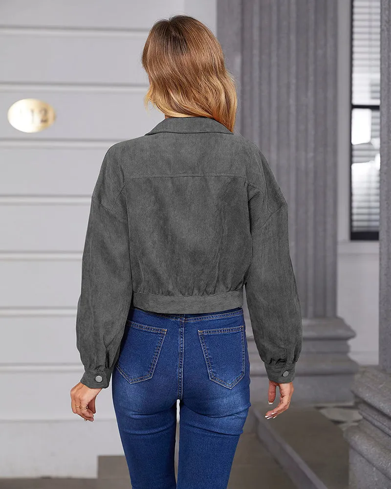 Women's Fashion Cropped Shacket Long SLeeve Trendy Button Down Corduroy Shirts Shacket Jackets - Zeagoo (Us Only)