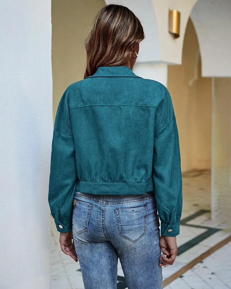 Women's Fashion Cropped Shacket Long SLeeve Trendy Button Down Corduroy Shirts Shacket Jackets - Zeagoo (Us Only)