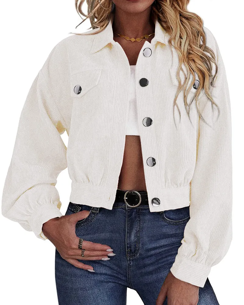 Women's Fashion Cropped Shacket Long SLeeve Trendy Button Down Corduroy Shirts Shacket Jackets - Zeagoo (Us Only)
