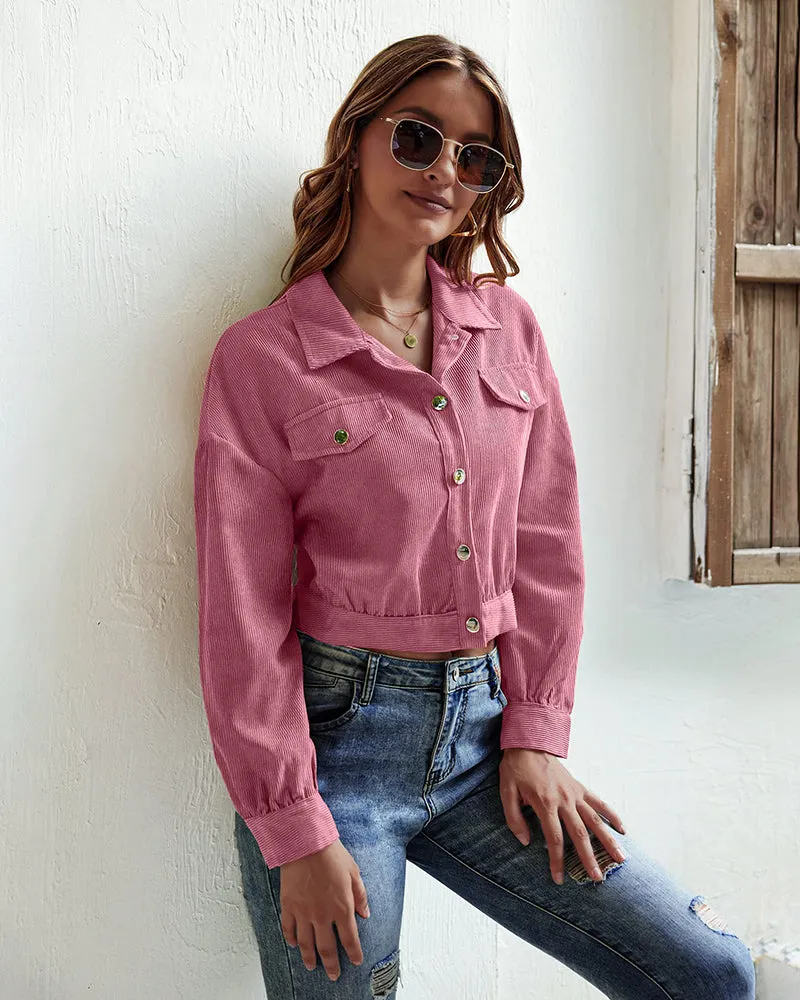 Women's Fashion Cropped Shacket Long SLeeve Trendy Button Down Corduroy Shirts Shacket Jackets - Zeagoo (Us Only)