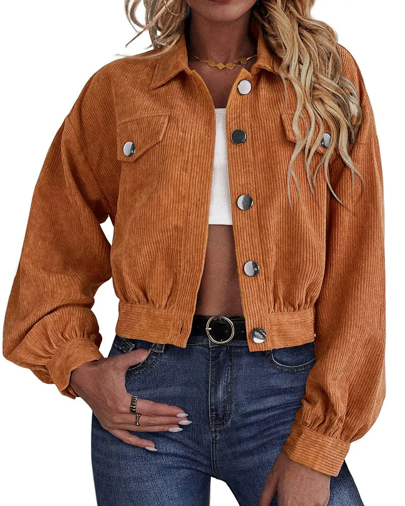 Women's Fashion Cropped Shacket Long SLeeve Trendy Button Down Corduroy Shirts Shacket Jackets - Zeagoo (Us Only)