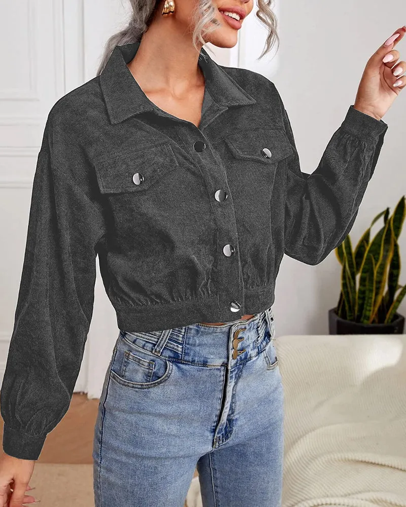 Women's Fashion Cropped Shacket Long SLeeve Trendy Button Down Corduroy Shirts Shacket Jackets - Zeagoo (Us Only)