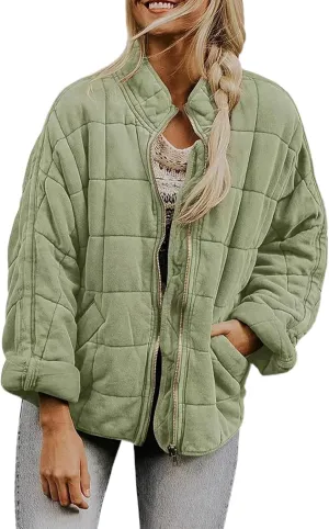 Women's Quilted Lightweight Jackets Diamond Puffer Padded Coat Winter 2023 Stand Collar Warm Trendy Coats Long Sleeve