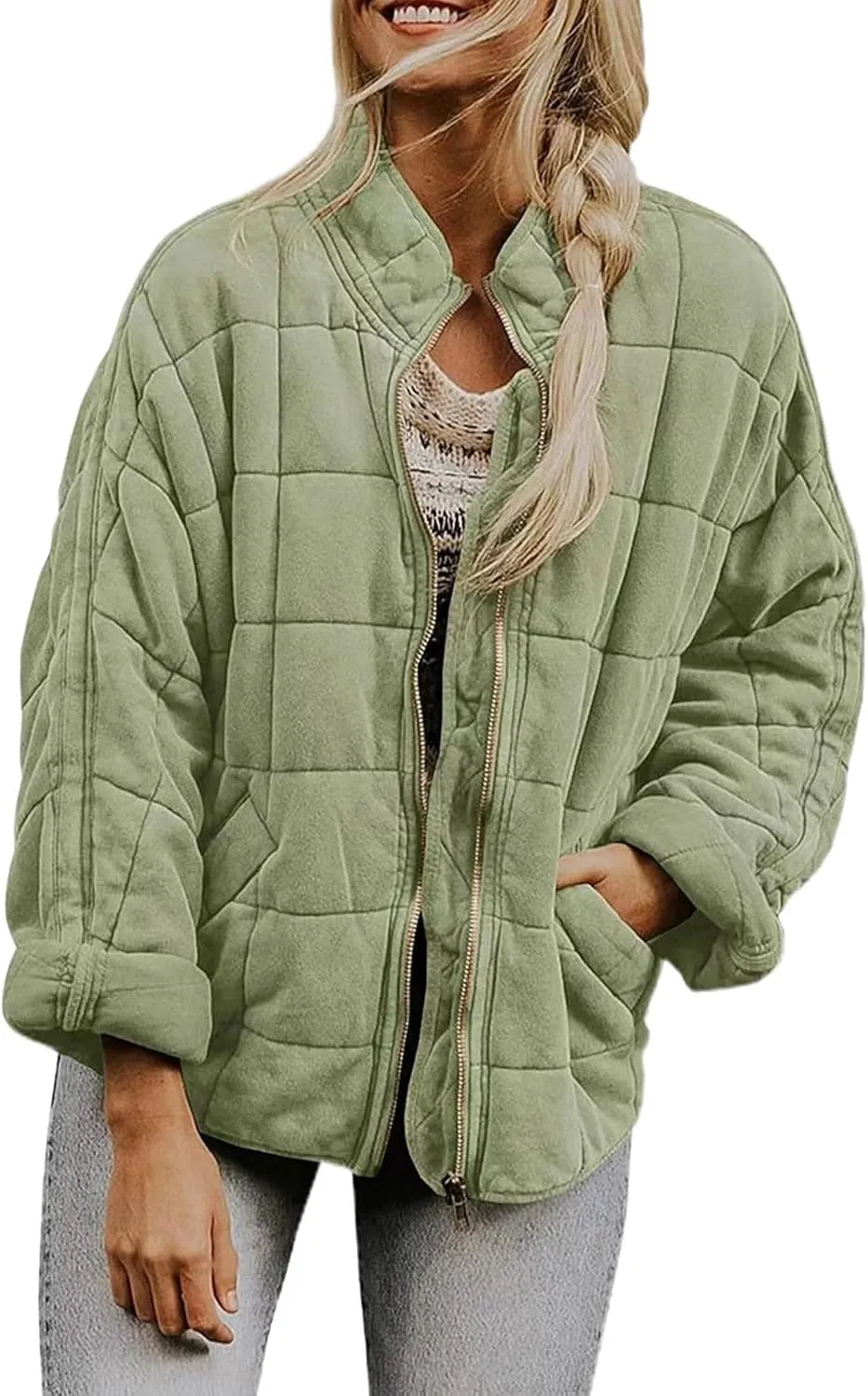 Women's Quilted Lightweight Jackets Diamond Puffer Padded Coat Winter 2023 Stand Collar Warm Trendy Coats Long Sleeve