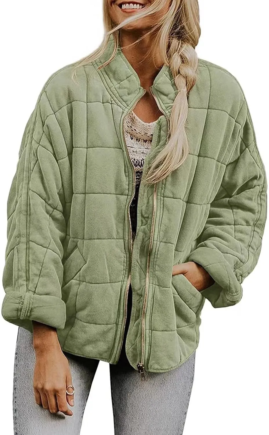 Women's Quilted Lightweight Jackets Diamond Puffer Padded Coat Winter 2023 Stand Collar Warm Trendy Coats Long Sleeve